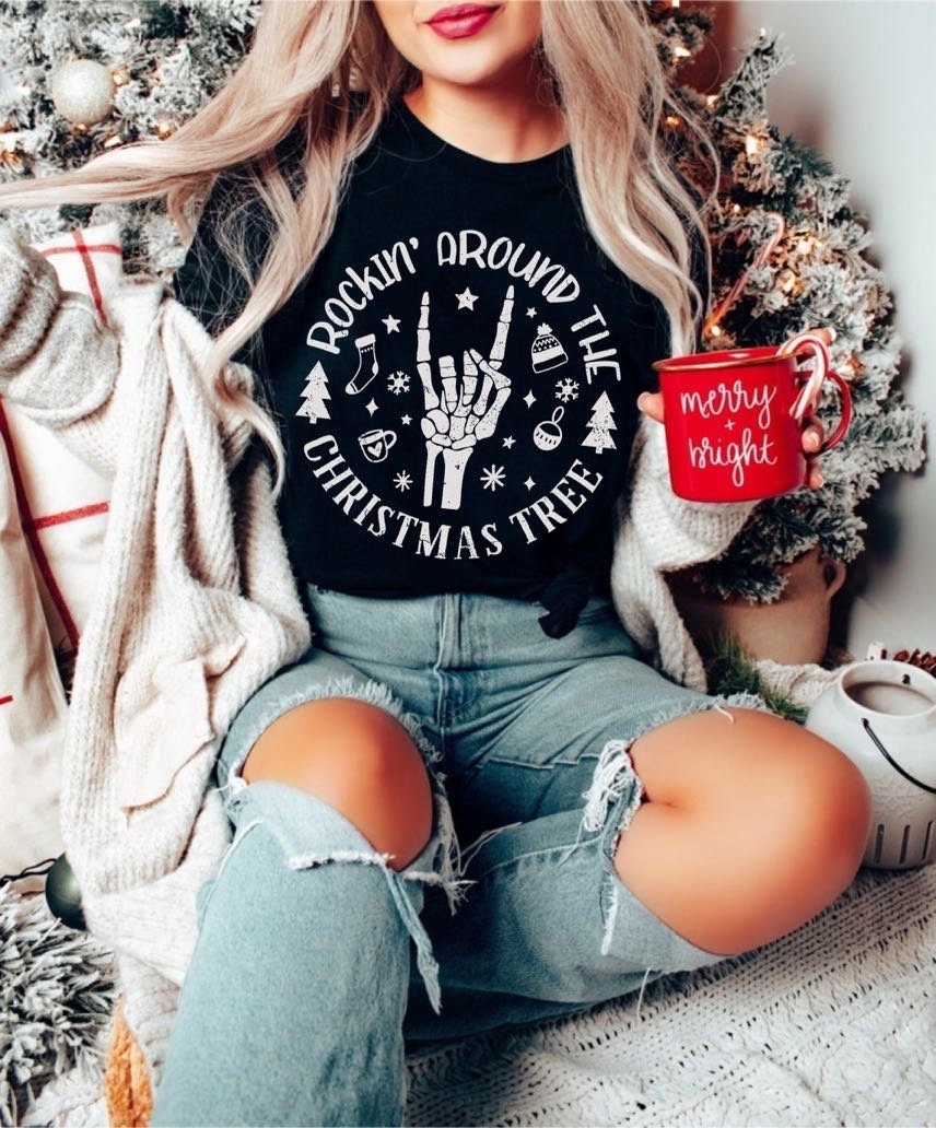 Vintage Rockin Around The Christmas Tree Skeleton Shirt, Matching Family Christmas Shirts, Cute Christmas Shirt, Vintage Christmas Shirt