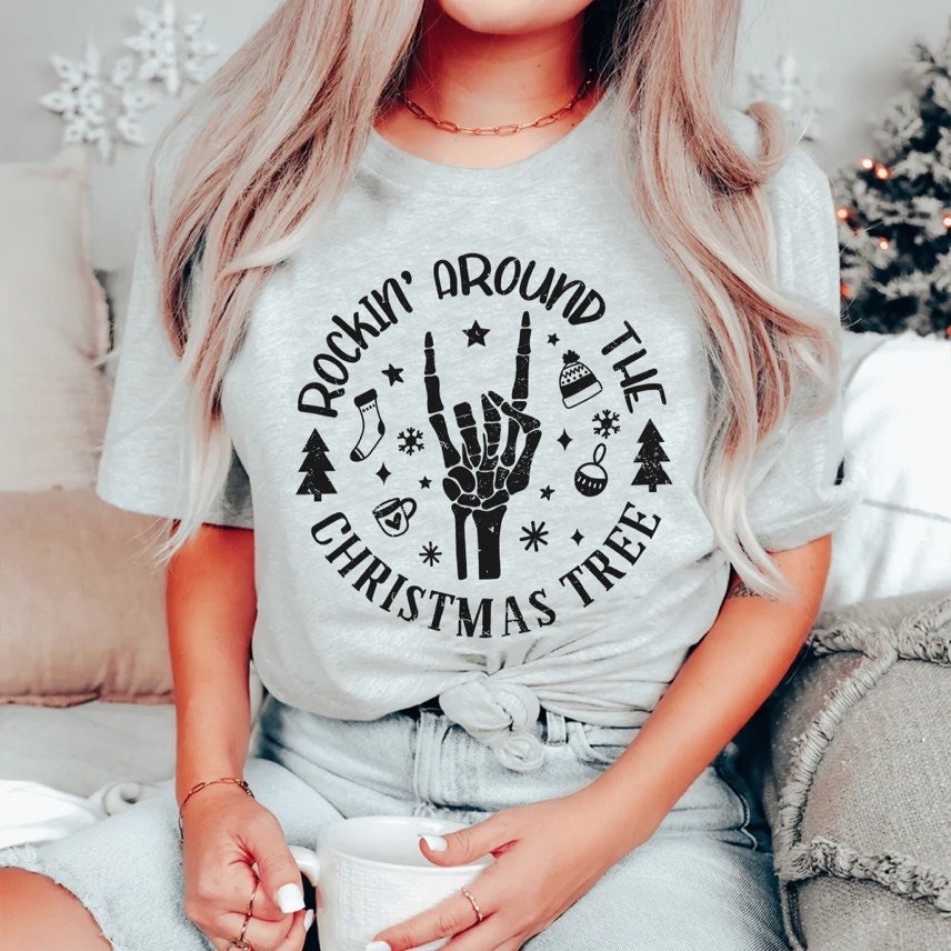 Vintage Rockin Around The Christmas Tree Skeleton Shirt, Matching Family Christmas Shirts, Cute Christmas Shirt, Vintage Christmas Shirt