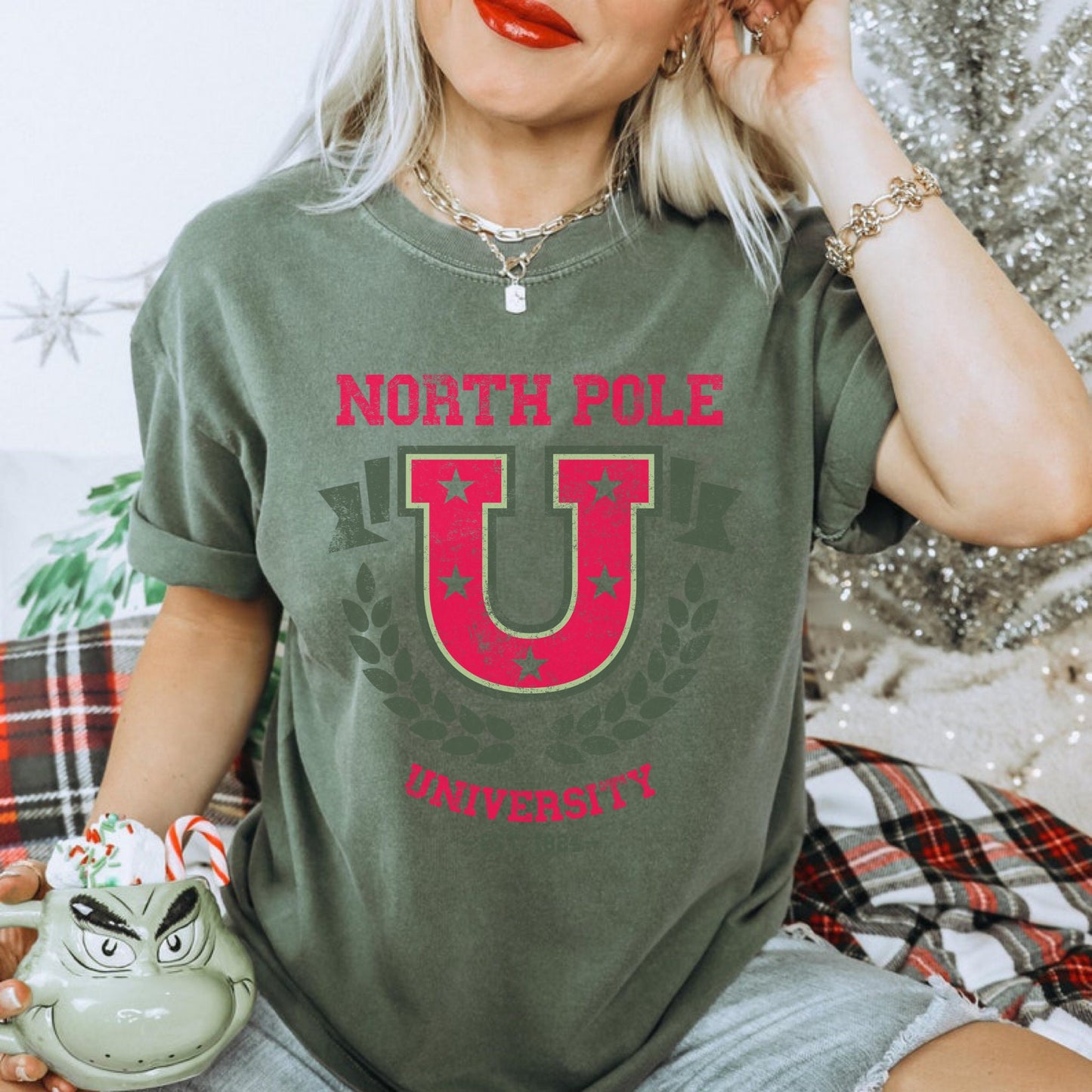 North Pole University Shirt, Cute Christmas Shirt, Preppy Holiday Tee, Matching Family, Trendy Xmas, Winter Shirt, Merry, Retro Santa Tee