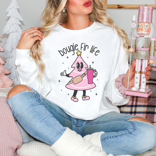 Pink Christmas Tree Sweatshirt, Bougie Fir Life Spruce Xmas Tree Sweater