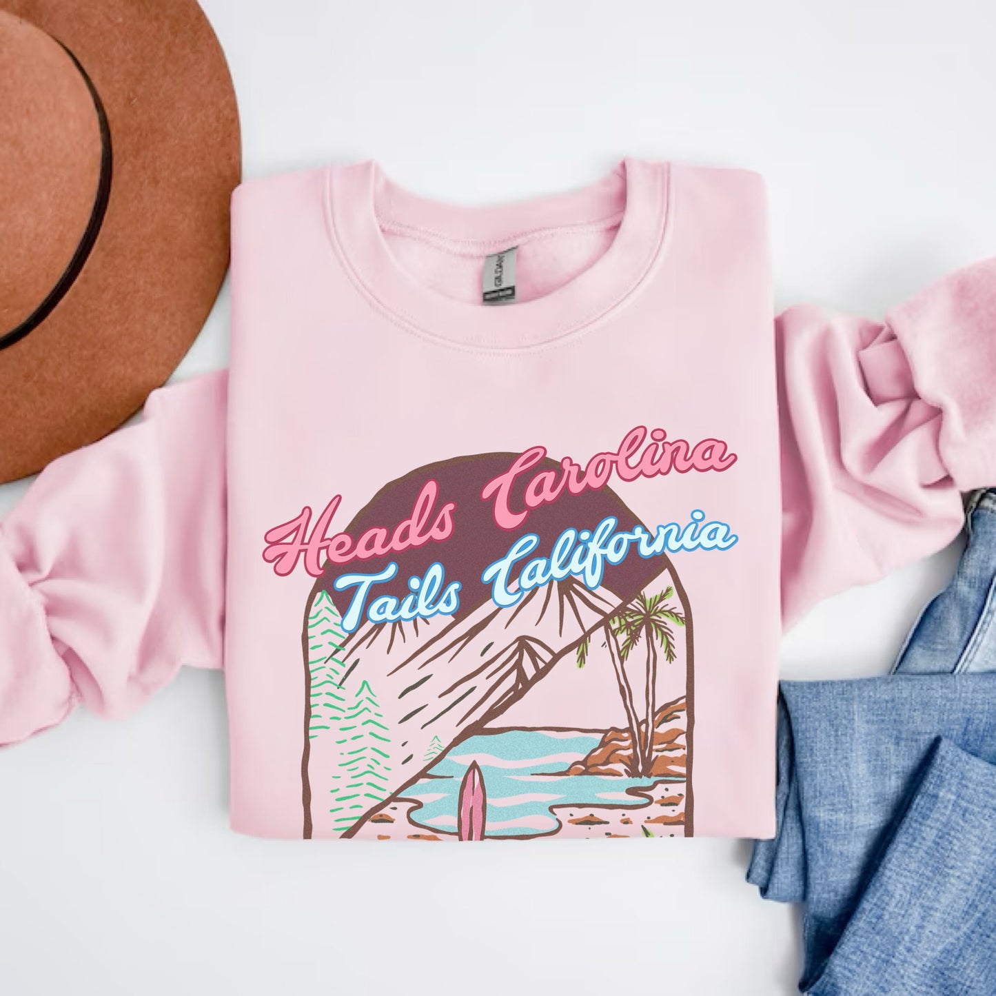 Heads Carolina Tails California Sweatshirt, 90s Country Music Shirt, Cowgirl Summer Crewneck, Coastal Sweater, Oversized Cowboy Beach Hoodie