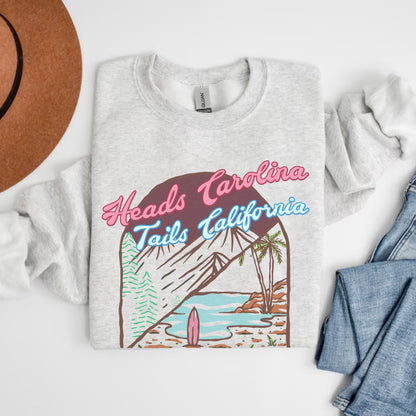 Heads Carolina Tails California Sweatshirt, 90s Country Music Shirt, Cowgirl Summer Crewneck, Coastal Sweater, Oversized Cowboy Beach Hoodie