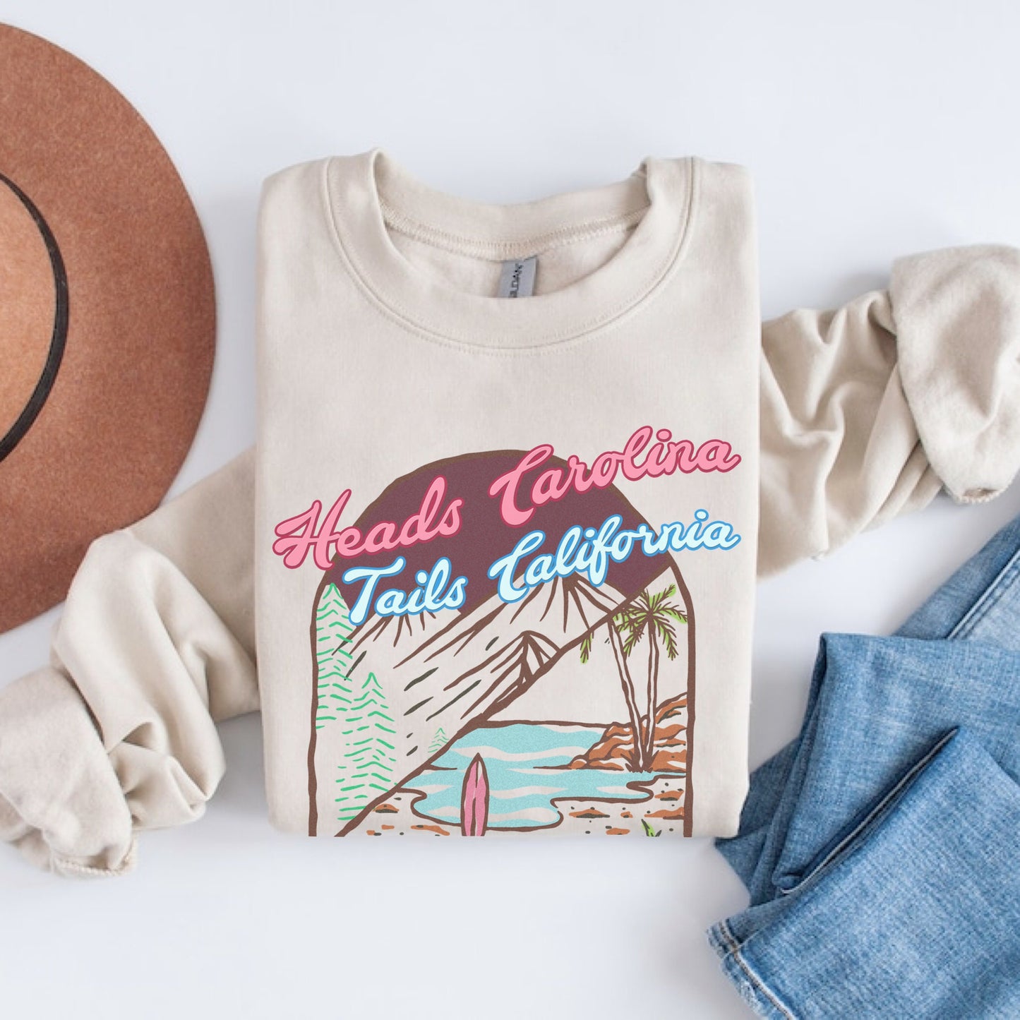 Heads Carolina Tails California Sweatshirt, 90s Country Music Shirt, Cowgirl Summer Crewneck, Coastal Sweater, Oversized Cowboy Beach Hoodie