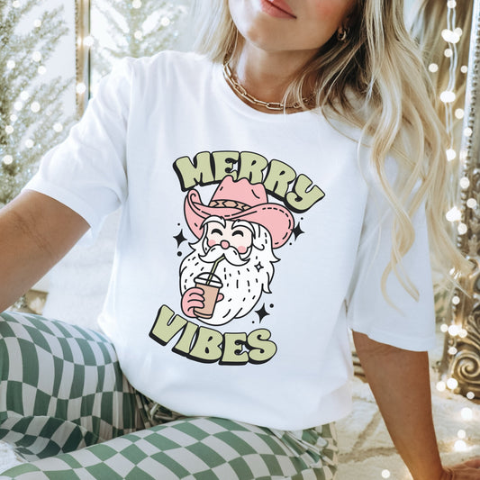 Merry Vibes Shirt, Cowboy Santa Shirt, Western Christmas, Country Christmas Shirt, Cute Xmas Shirt, Cowgirl Tee, Howdy Christmas, Yeehaw Tee