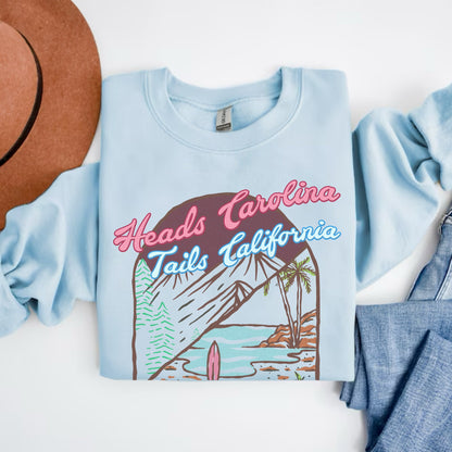 Heads Carolina Tails California Sweatshirt, 90s Country Music Shirt, Cowgirl Summer Crewneck, Coastal Sweater, Oversized Cowboy Beach Hoodie