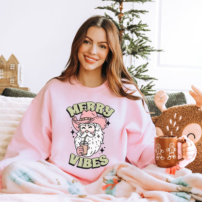 Merry Vibes Sweatshirt, Cowboy Santa Shirt, Western Christmas Sweatshirt, Cowgirl Christmas, Country Christmas, Cute Holiday Tees, Howdy