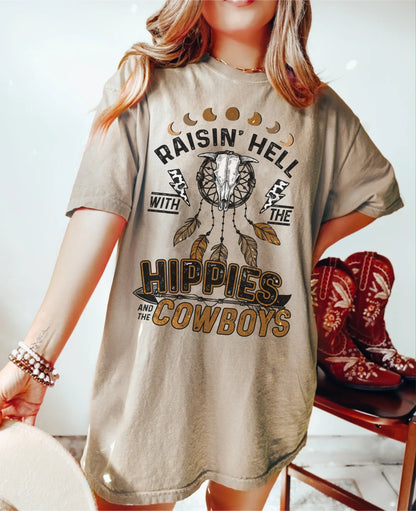 Raisin Hell With The Hippies And Cowboys, Cowboy Graphic Tee, Country Tee, Trendy Western Shirt, Cute Cowgirl Tops, Western Tshirt, Vintage