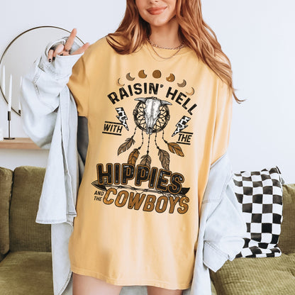 Raisin Hell With The Hippies And Cowboys, Cowboy Graphic Tee, Country Tee, Trendy Western Shirt, Cute Cowgirl Tops, Western Tshirt, Vintage