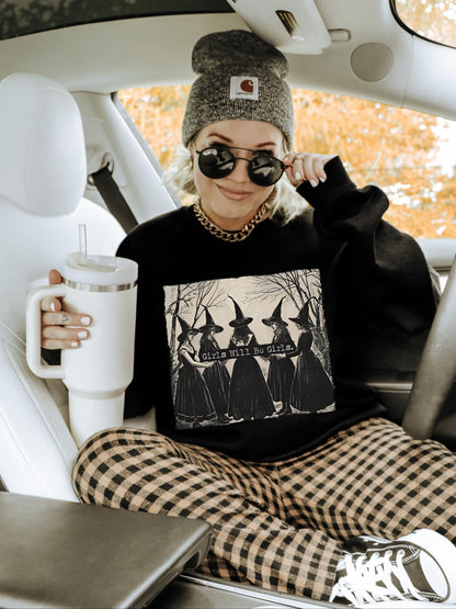 Girls Will Be Girls Sweatshirt, Vintage Halloween Shirt Women, Witch Sweatshirt, Witchy Vibes Sweatshirt, Spooky Crewneck, Salem Witch Shirt