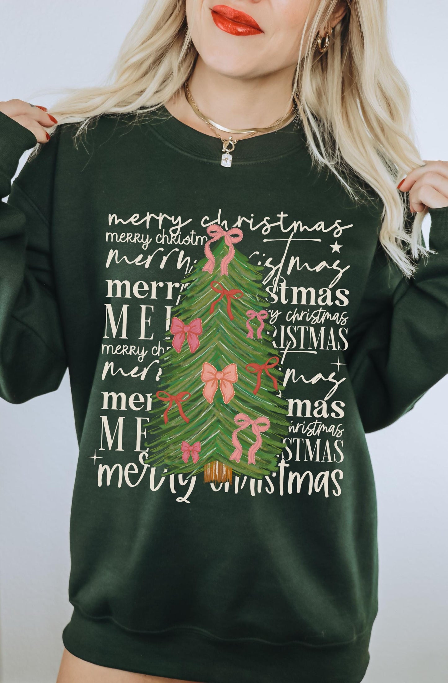 Merry Christmas Tree Sweatshirt, Coquette Christmas, Cute Holiday Sweater, Merry Crewneck, Festive Sweatshirt, Holiday Party Shirt