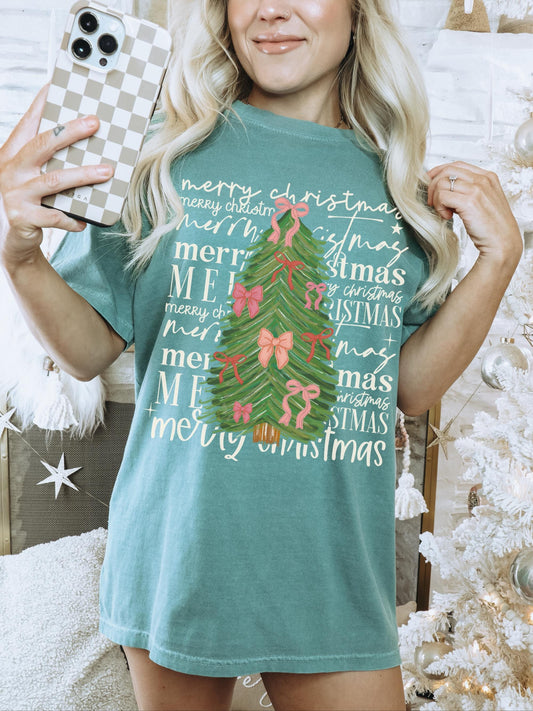 Merry Christmas Tree Shirt, Coquette Christmas Shirt, Christmas Tree Shirt, Cute Christmas Tee, Holiday Party Shirt, Trendy Christmas Shirt